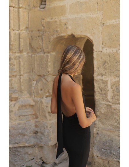 Long strapless party dress with open back