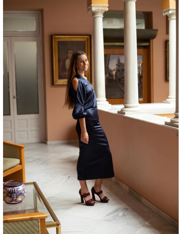 Satin midi party dress with asymmetric sleeves 2