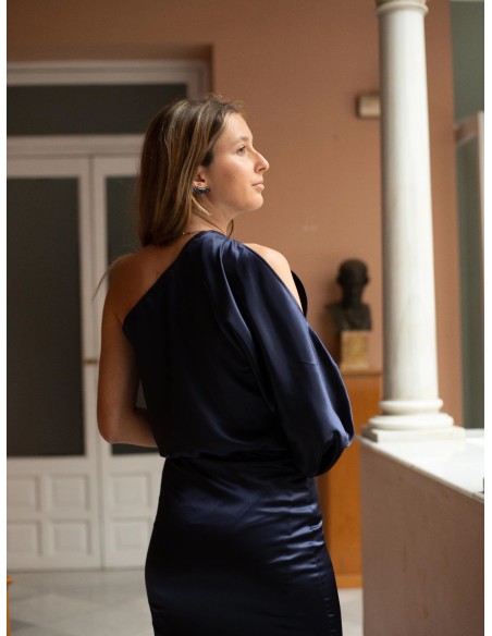 Satin midi party dress with asymmetric sleeves
