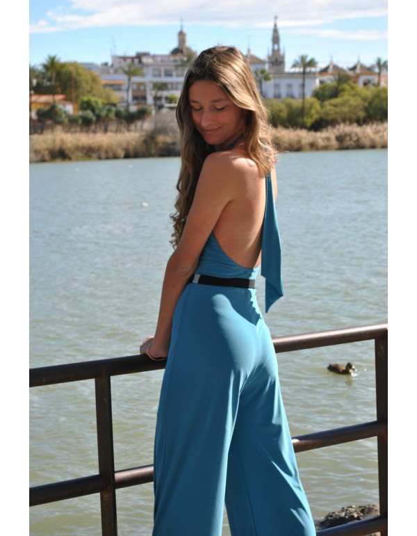 Long party jumpsuit in silk knit with belt