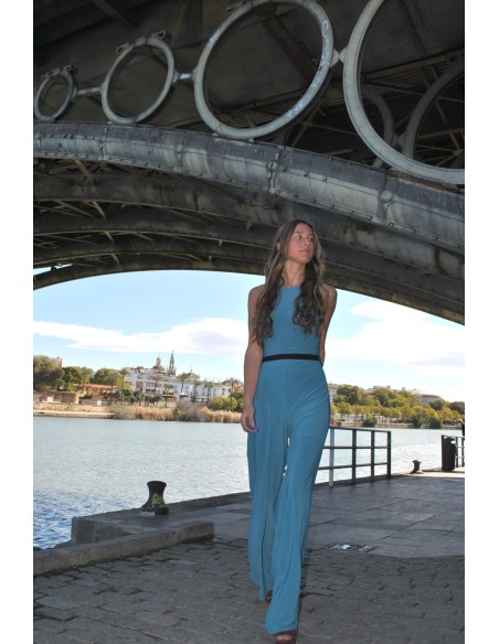 Long party jumpsuit in silk knit with belt