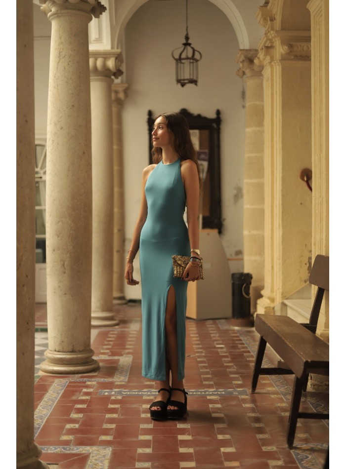 Long party dress with halter neckline and side...