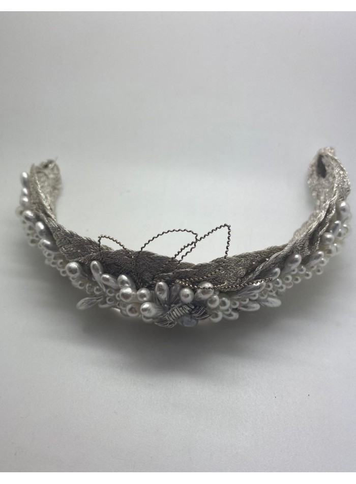 Braided silver plated bridal headdress with beads