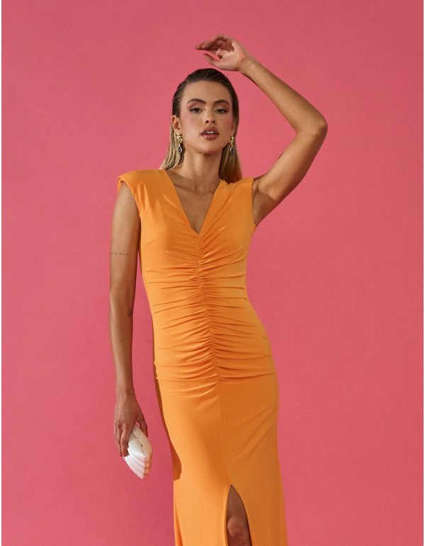 Long party dress with V-neckline and ruching 2