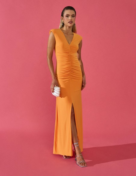 Long party dress with V-neckline and ruching