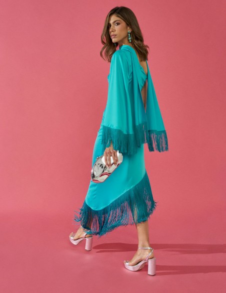 Midi party dress with asymmetrical design and decorative fringes
