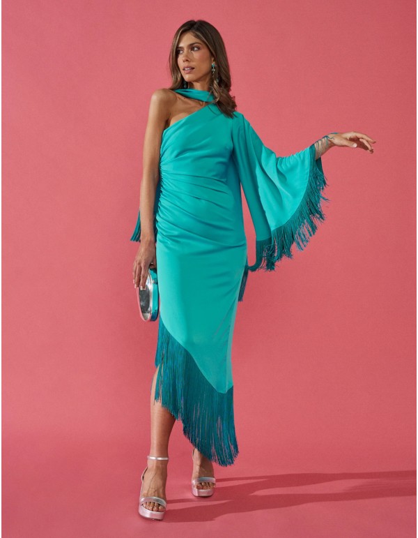 Vestido de fiesta midi con diseño asimétrico y flecos decorativos
