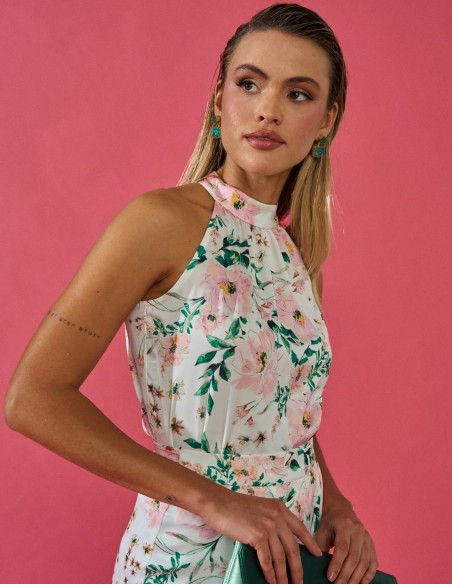 Halter-neck floral print party blouse