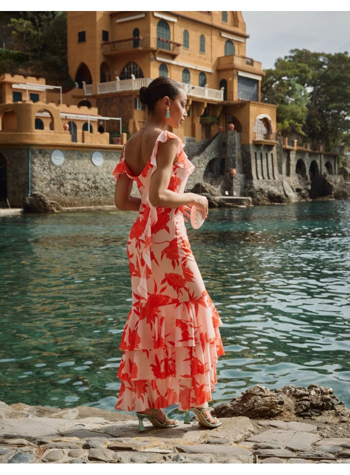 Floral print strapless midi party dress with...