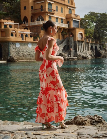 Floral print strapless midi party dress with straps