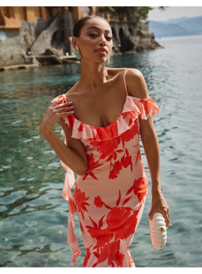 Floral print strapless midi party dress with...