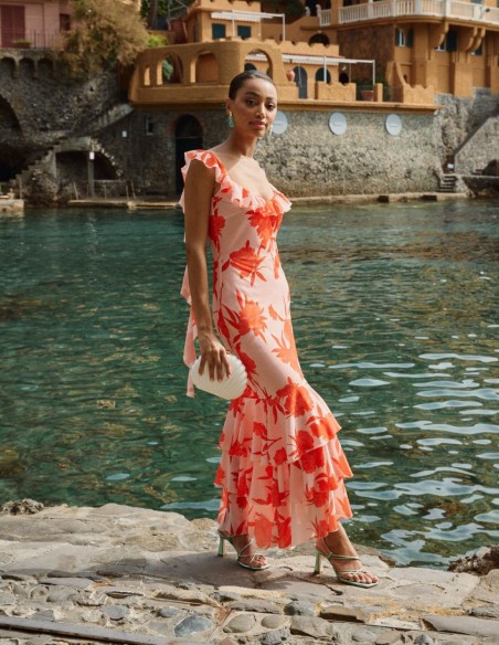 Floral print strapless midi party dress with straps