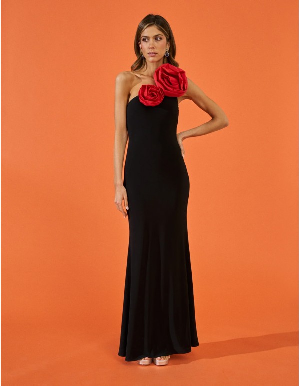 Vestido de fiesta largo con maxi flores rojas