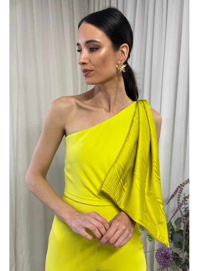 Long party jumpsuit with asymmetrical neckline...