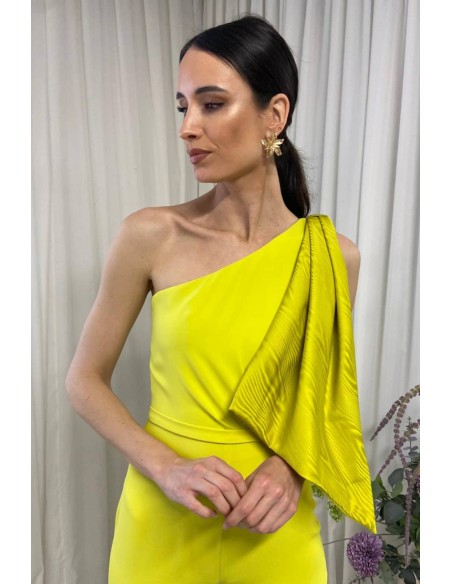 Long party jumpsuit with asymmetrical neckline and maxi lacing