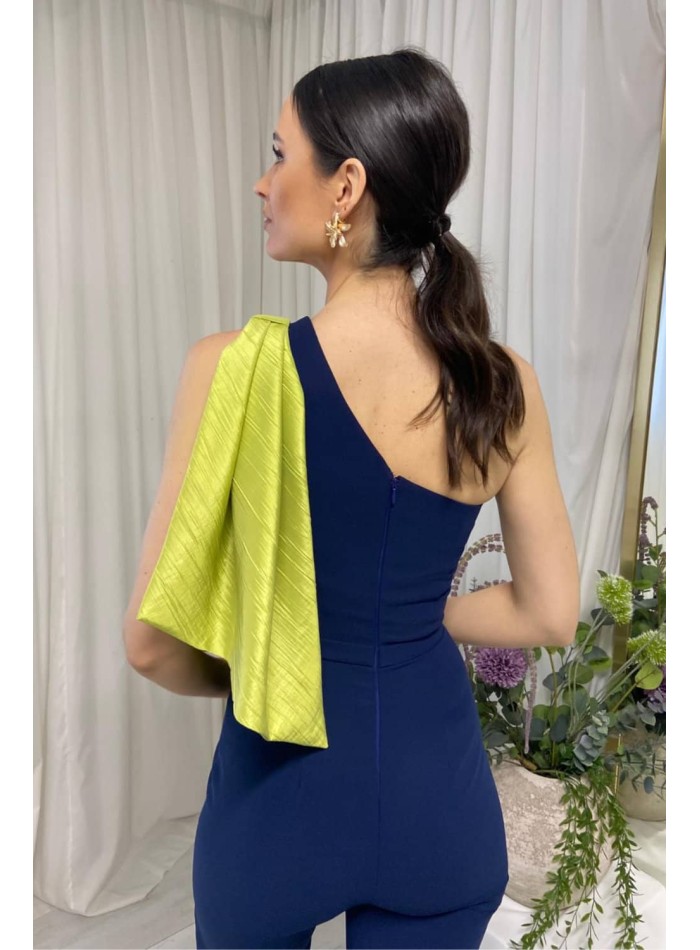 Long party jumpsuit with asymmetrical neckline...