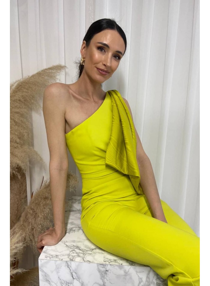 Long party jumpsuit with asymmetrical neckline...