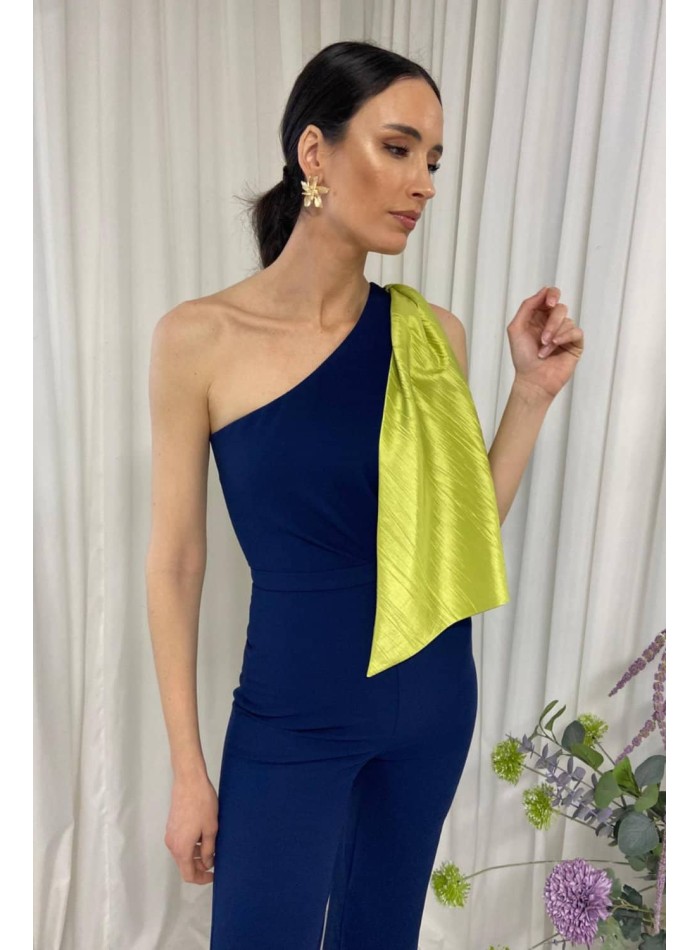 Long party jumpsuit with asymmetrical neckline...