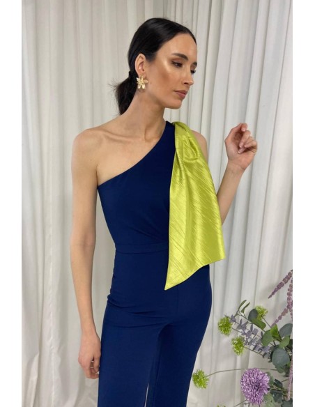 Long party jumpsuit with asymmetrical neckline and maxi lacing