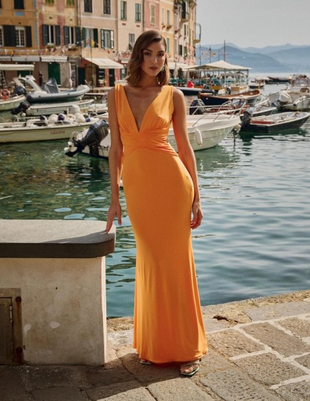 Long knitted party dress with crossed back