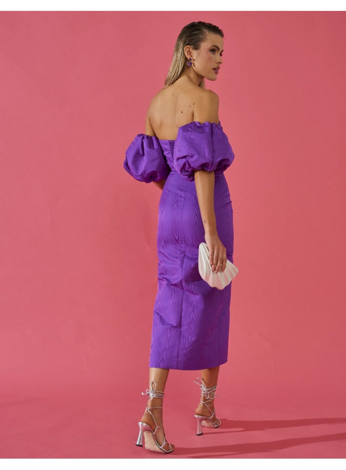Taffeta midi party dress with puff sleeves