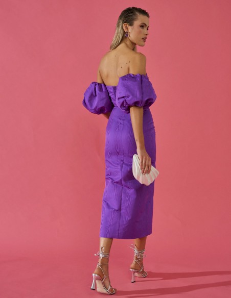 Taffeta midi party dress with puff sleeves