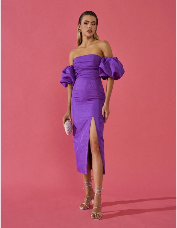 Vestido de fiesta midi en tafetán con manga abullonada 2
