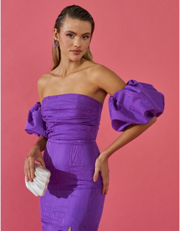 Taffeta midi party dress with puff sleeves