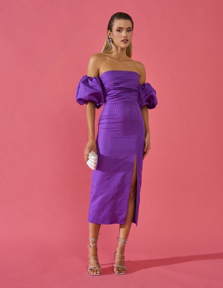 Vestido de fiesta midi en tafetán con manga abullonada