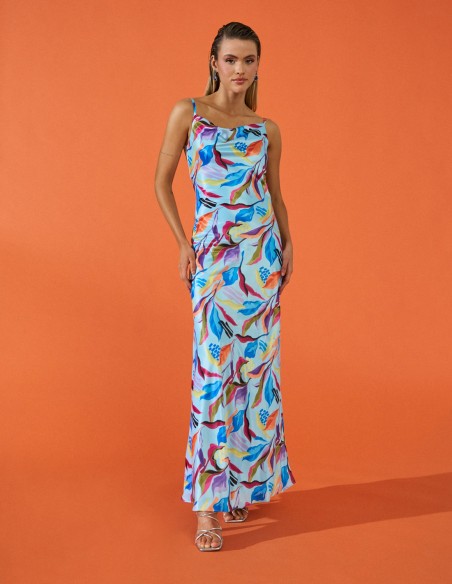 Lingerie style long party dress with print and waterfall back.