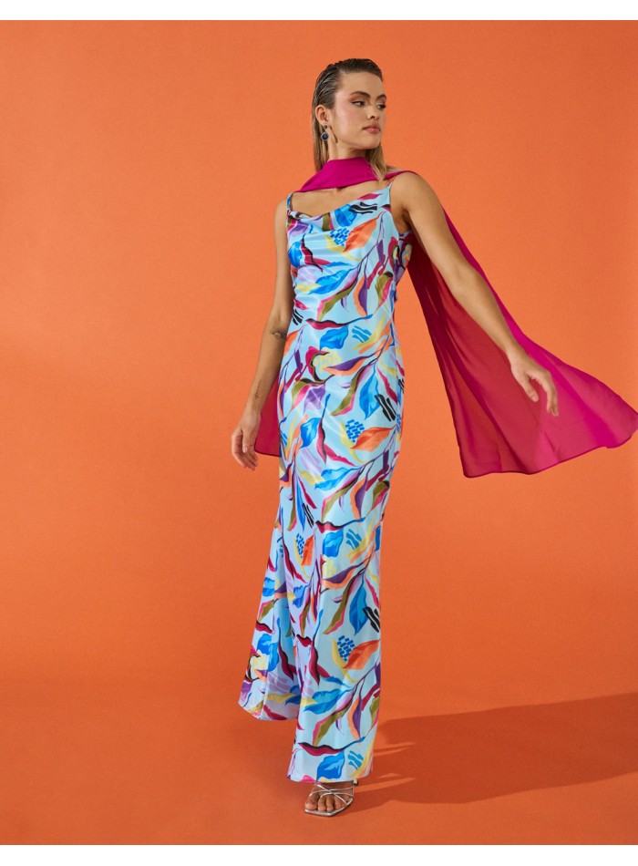 Lingerie style long party dress with print and...