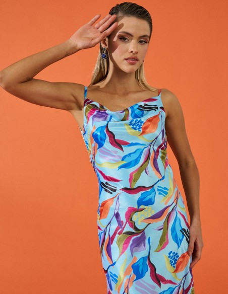 Vestido largo de fiesta estilo lencero con estampado y espalda cascada