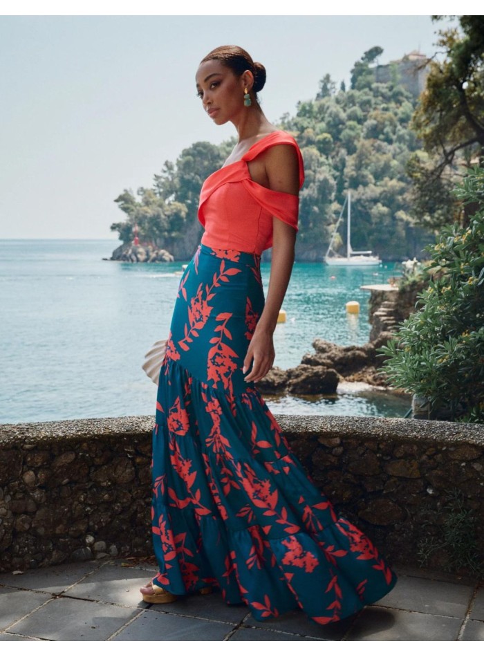 Coral party top with asymmetrical straps and...