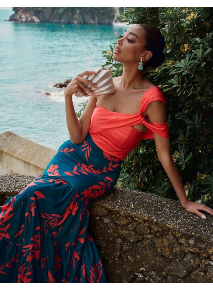 Top de fête corail avec bretelles asymétriques...