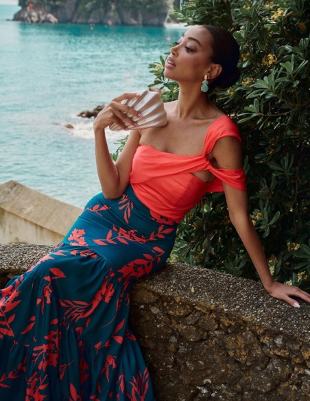 Coral party top with asymmetrical straps and ruching