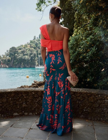 Coral party top with asymmetrical straps and ruching