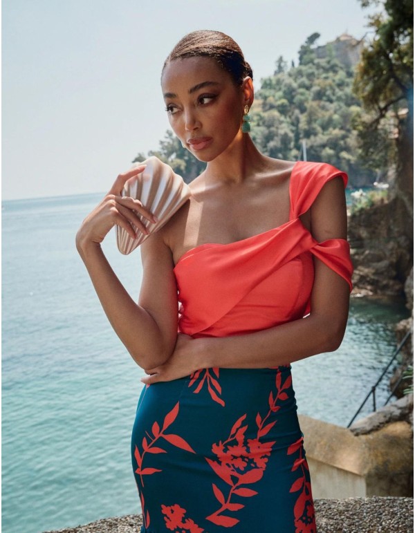 Coral party top with asymmetrical straps and ruching