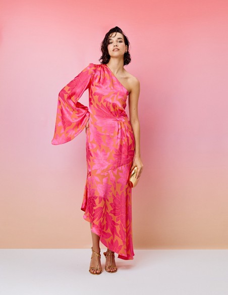 Asymmetrical printed party dress for guests