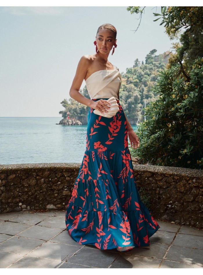 Jupe longue de fête avec imprimé floral et volants