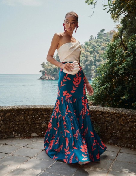 Falda larga de fiesta con estampado floral y volantes