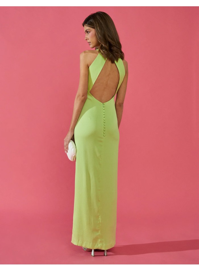 Long party dress with infinity slit and back neckline lime