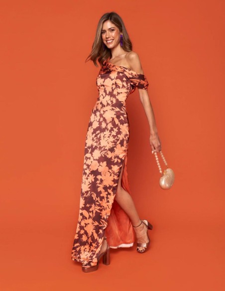 Vestido midi de fiesta satinado con estampado floral bicolor