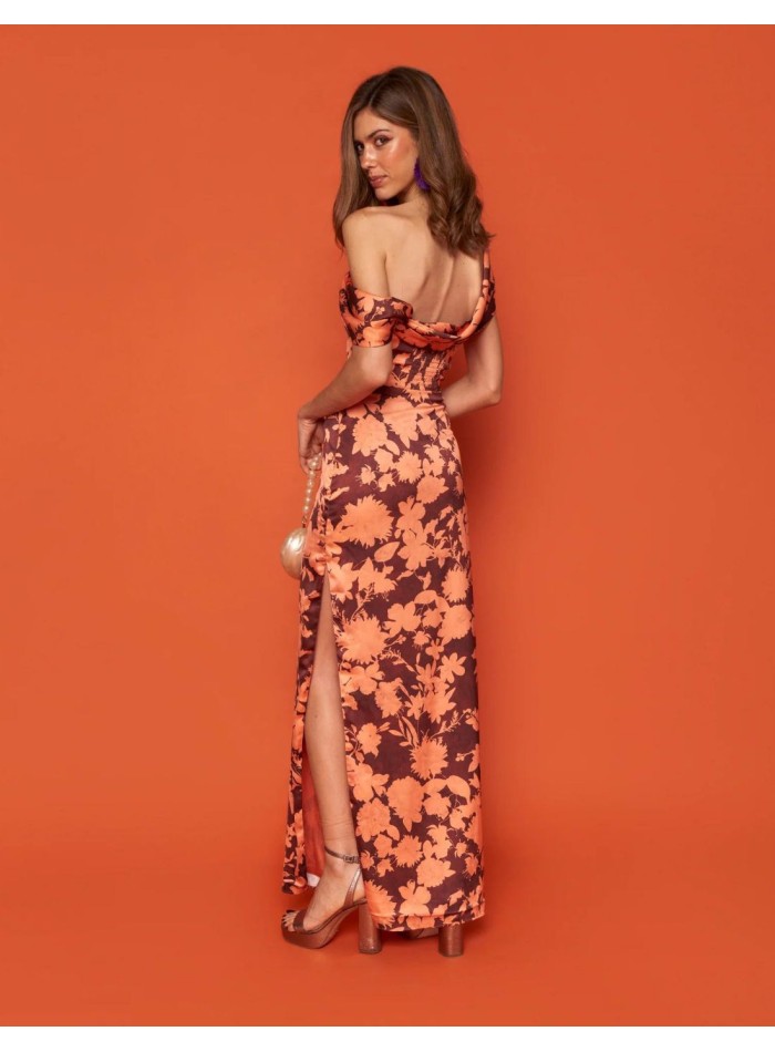 Satin midi party dress with two-tone floral print