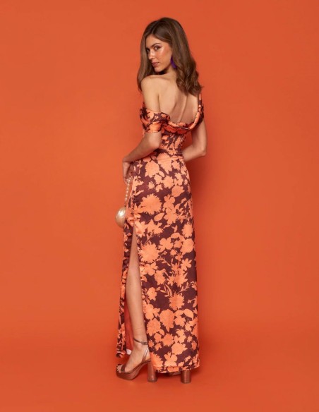 Satin midi party dress with two-tone floral print