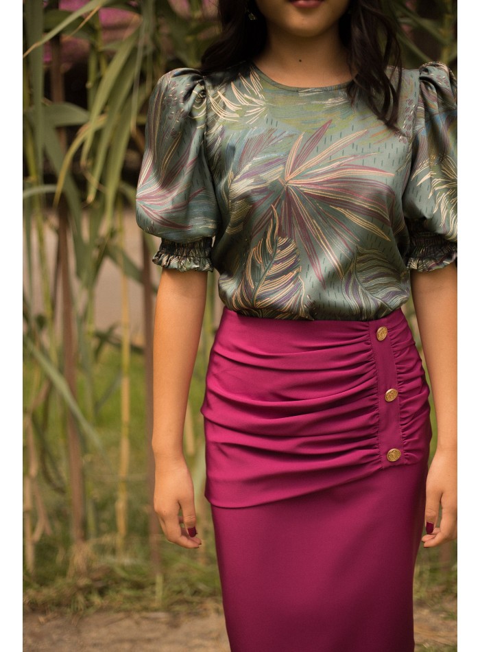 Camisa estampado tropical satinado con manga corta