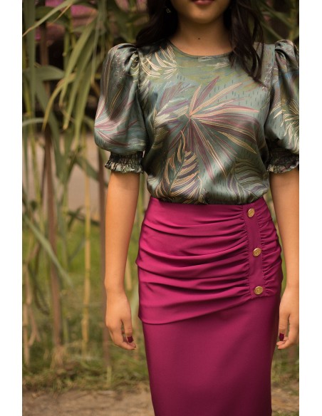 Tropical satin print shirt with short sleeves