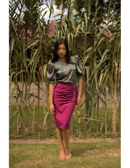 Tropical satin print shirt with short sleeves