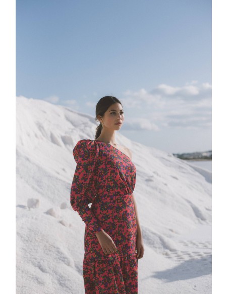 Midi dress with asymmetrical neckline and ruffle at the hem