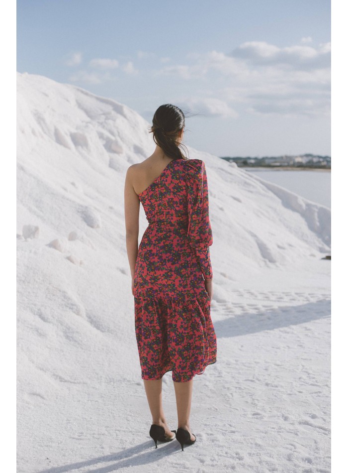 Robe midi avec encolure asymétrique et volant à...