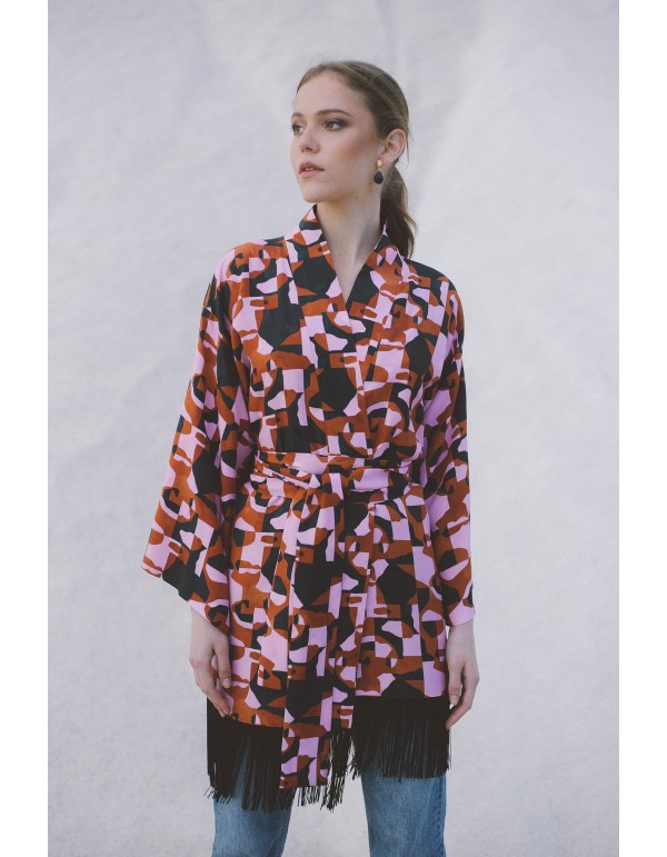 Printed kimono with long sleeves and bangs detail